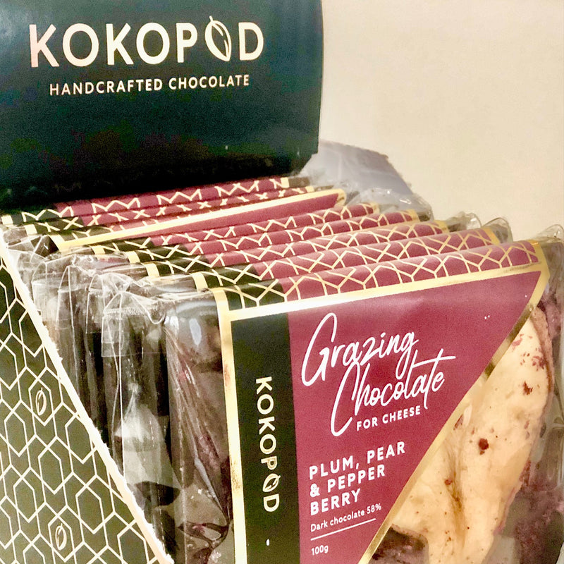 Kokopod Plum, Pear & Pepperberry Grazing Board chocolate in gluten free hamper